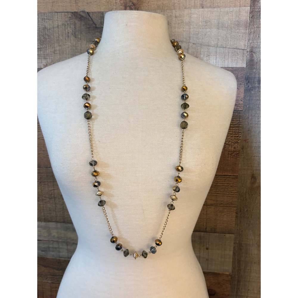 Long Gold Tone Beaded Chain Necklace Smoky Grey Bronze Glass Faceted